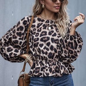 Leopard print wide long sleeve ruffle top